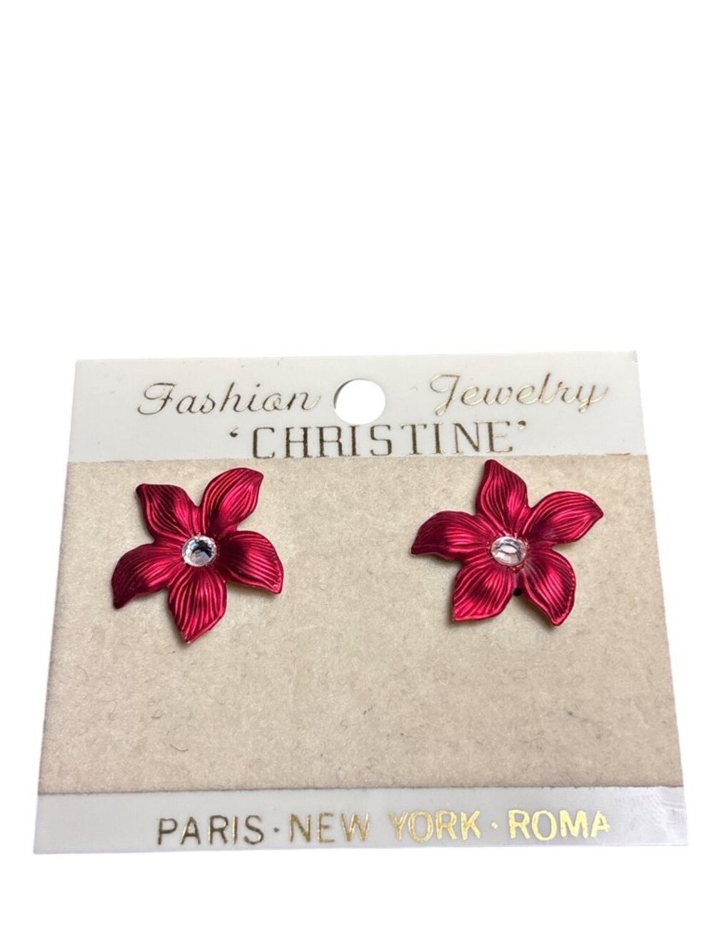 Vtg Christine Poinsettia Flower Stud Earrings Red Enamel Clear Rhinestone New
